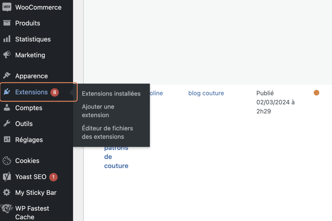 Aller dans "extensions" pour dupliquer une page sur wordpress