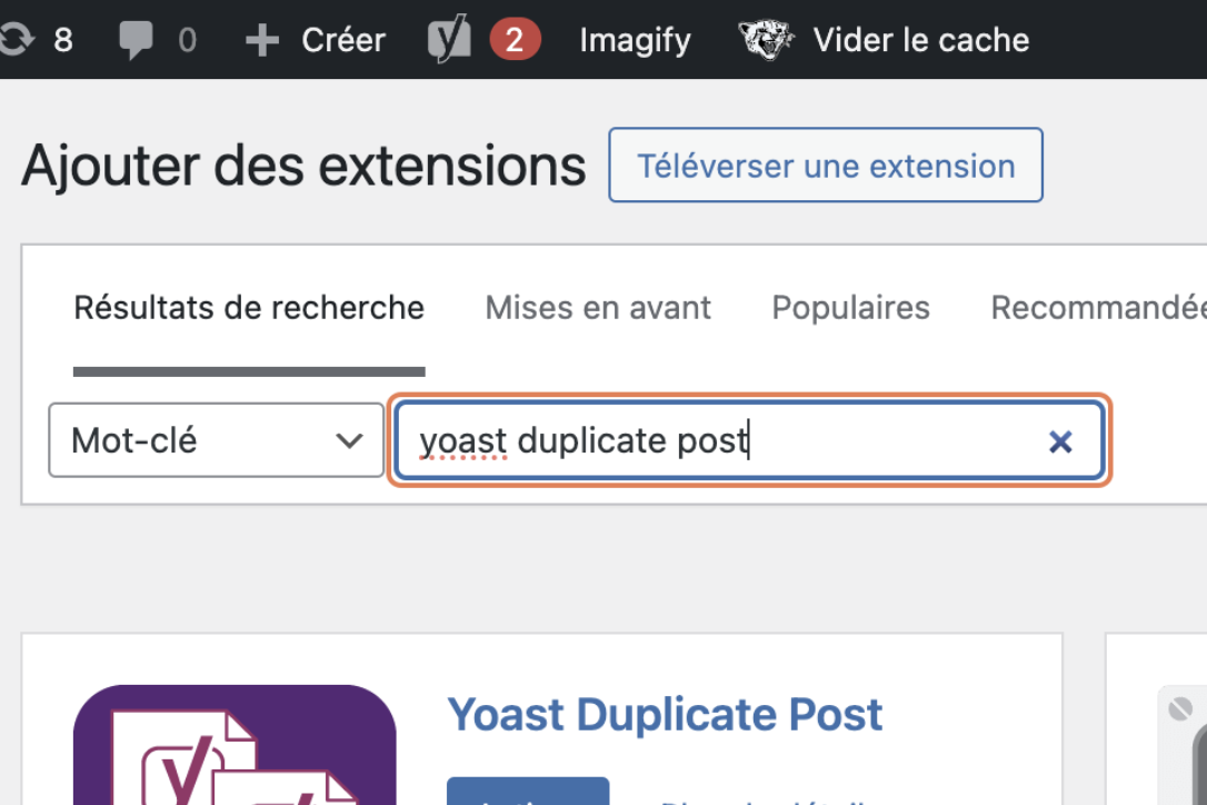 Installer yoast duplicate post pour dupliquer une page wordpress