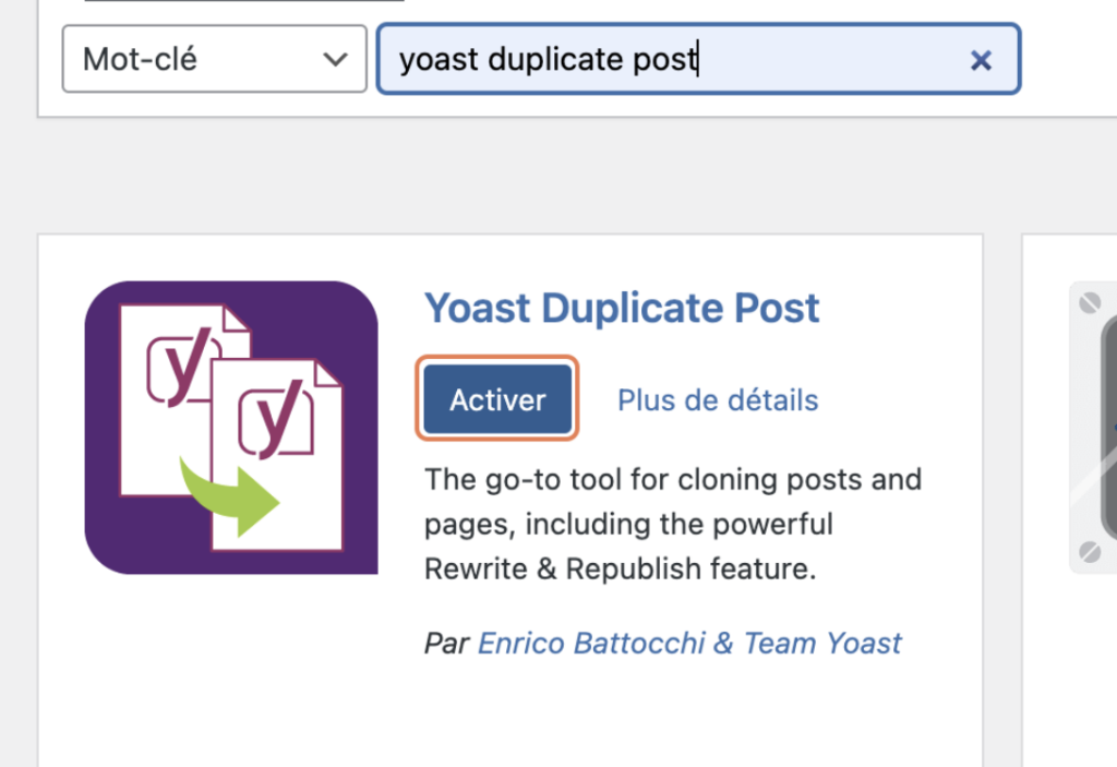 Activer l'extension yoast duplicate post pour dupliquer une page wordpress